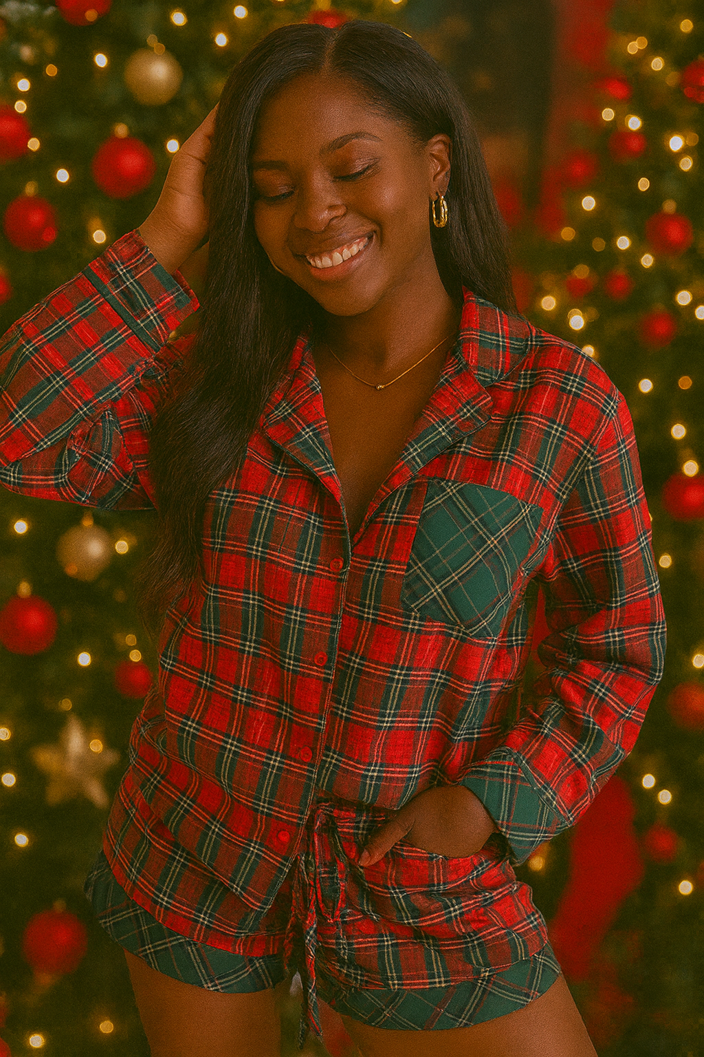 Red Plaid Contrast Patched Christmas Holiday Long Sleeve Shirt and Short 2pcs Pajama Set