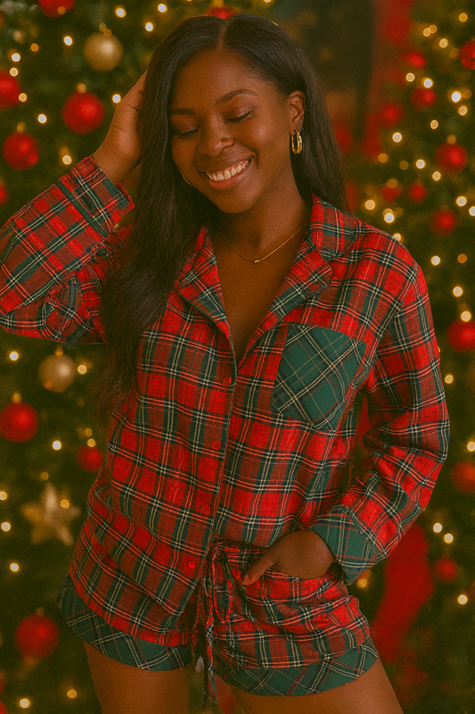 Red Plaid Contrast Patched Christmas Holiday Long Sleeve Shirt and Short 2pcs Pajama Set