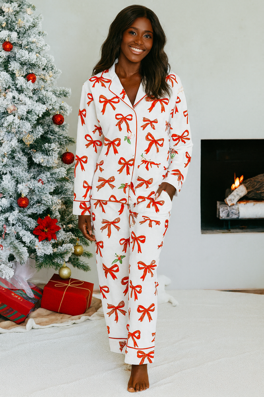 Red Christmas Bow Print Long 2pcs Set